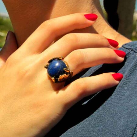Leaf Patterned Lapis Natural Stone Adjustable Women's Ring