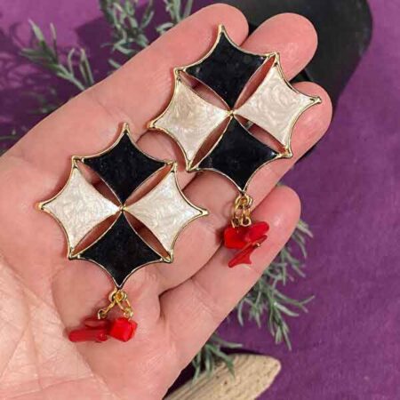 Black and White Enamel Natural Coral Tiles Earrings